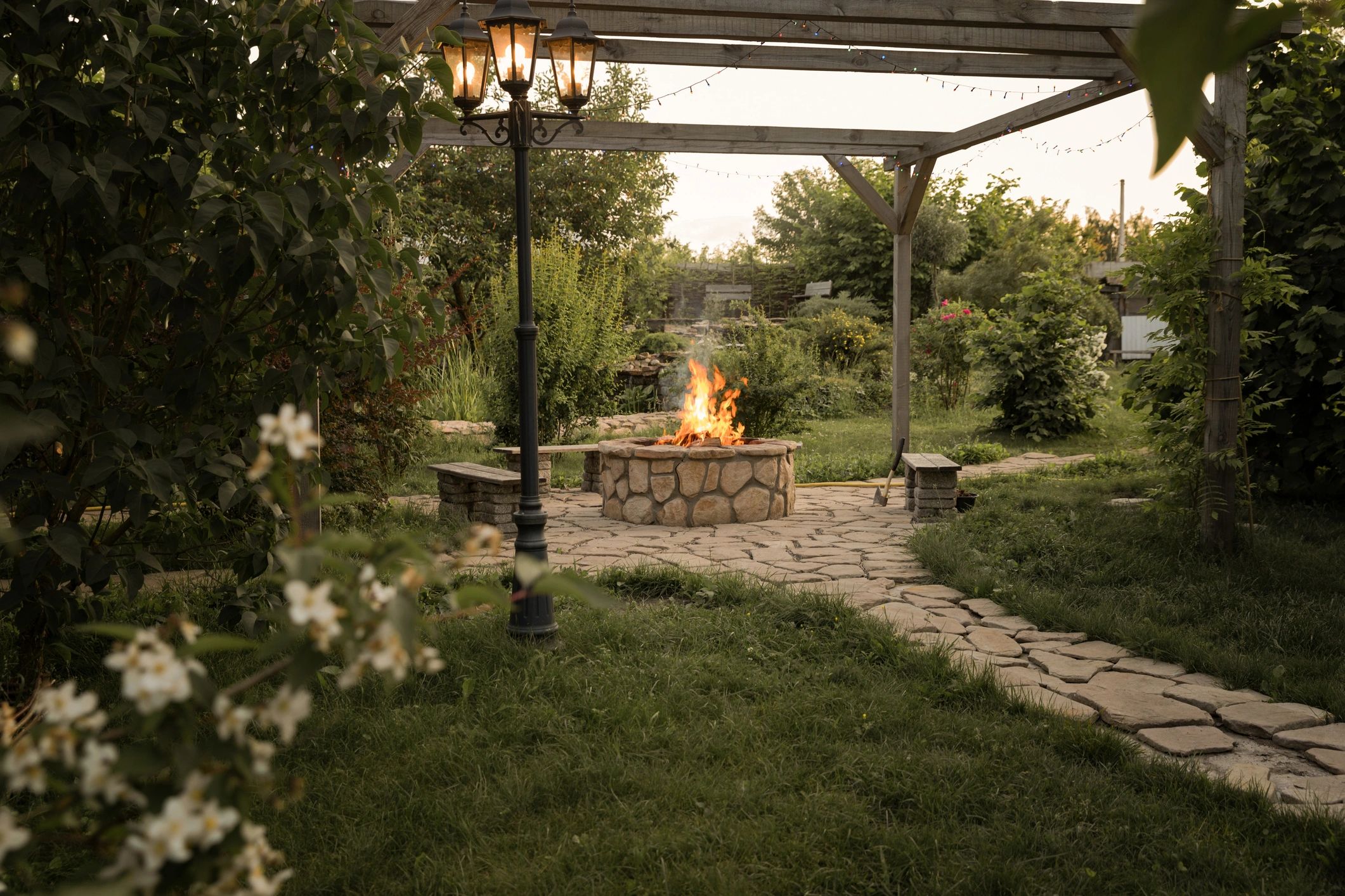 outdoor living space fire pit garden seating